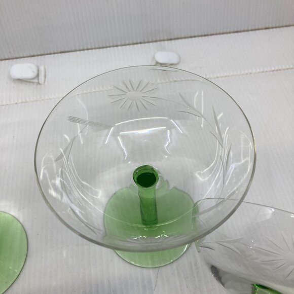 Vtg 1940 depression glass etched cut green stem 3 champagne cup - Picture 3 of 5